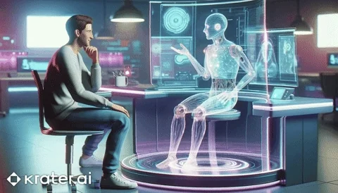 A man and atransparent human shaped robot having a conversation in a laboratory lined with computer screens displaying info.