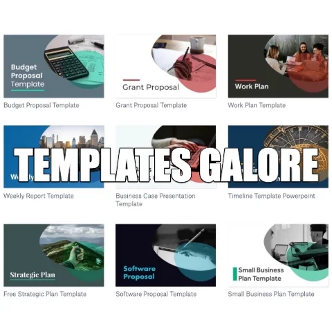 A website template builder. The text reads, 'Templates galore.'