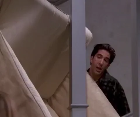 David Schwimmer as Ross Geller from Friends carrying a couch and yelling, 