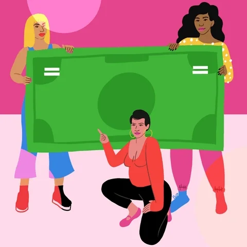 An animation of three women from diverse background in front of a sign that reads 'girls just wanna have equal pay'