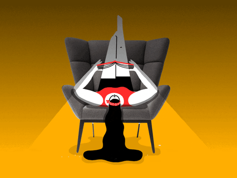 Animated girl reading a book while sitting upside down on a grey couch