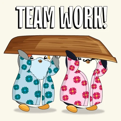 Two penguins carrying a wooden boat. The text reads: