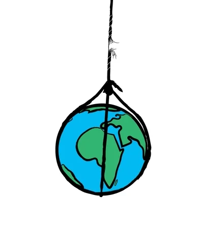 A globe swinging like a pendulum on a frayed rope that's about to break.