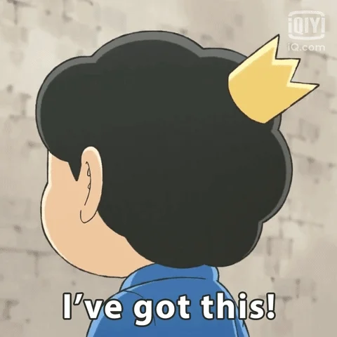 An anime character wearing a crown looks determined and says, 