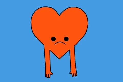 A single red heart with two arms and a sad facial expression, slowly splitting in half.