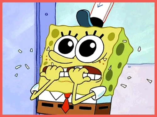 Sponge Bob Square Pants nervously biting all his finger nails off.