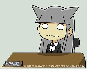 An animated girl with grey hair slams her head on a desk
