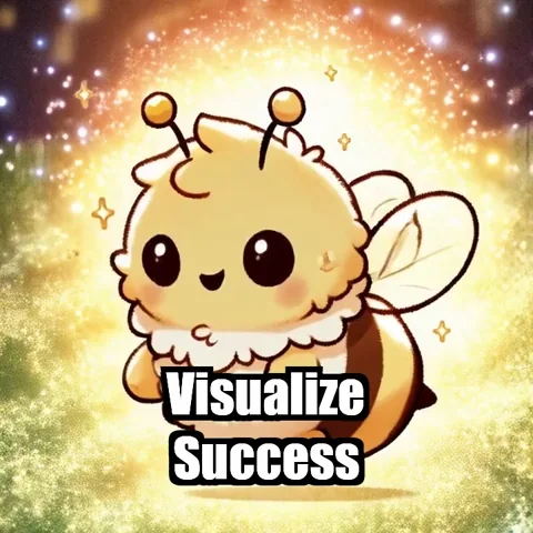 A cartoon bee happily flaps its wings and says, 