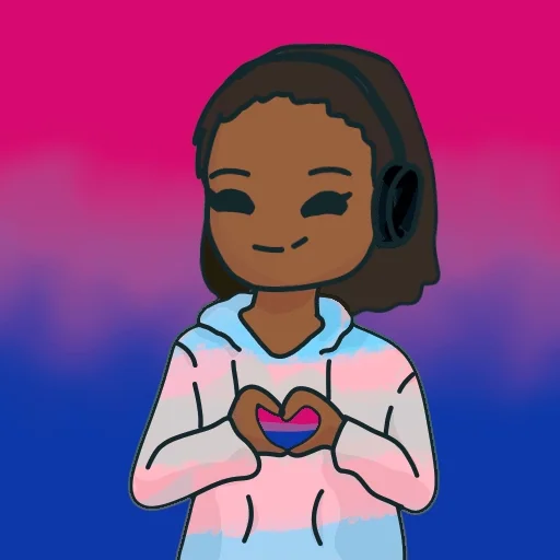 A person standing in front of bisexual colors with a bisexual heart.