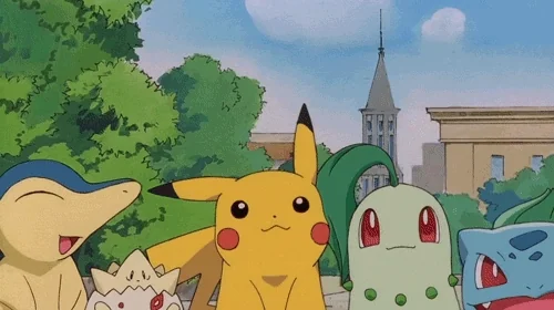 Pokemon characters jumping and cheering.