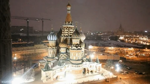 St. Basil's Cathedral being lit up at night.