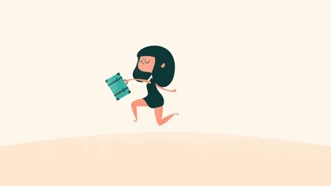 animated woman skipping on the beach toward costa rica while carrying a suitcase