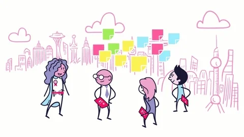 A cartoon showing a group of people collaborating and coming up with a shared idea.