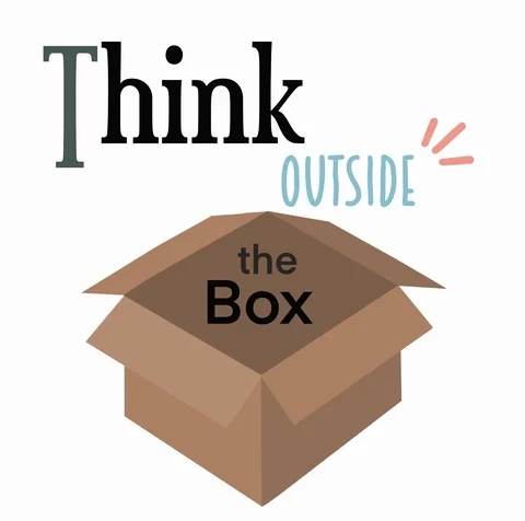 An open box with the words "think outside the box".