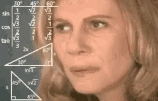 A woman thinking hard. Equations appearing in front of her. 