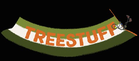 Stick figure swinging on harness with banner titled 'treestuff'