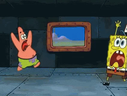 Spongebob and Patrick from Spongebob Squarepants running in a circle panicking in a moving vehicle.