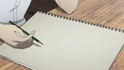 An anime character flicking a pencil trying to figure out how to begin their card.