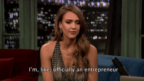 Jessica Alba on a late night show saying, 'I'm, like, officially an entrepreneur.'