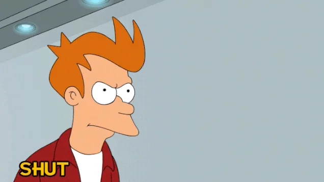 Fry from Futurama shoving a fistful of dollars, stating 