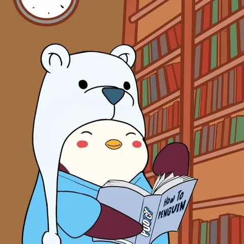 A cartoon penguin wearing a bear hat, reading a book titled 