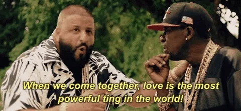 Two men conversing, One says, 'When we come together, love is the most powerful ting in the world.'