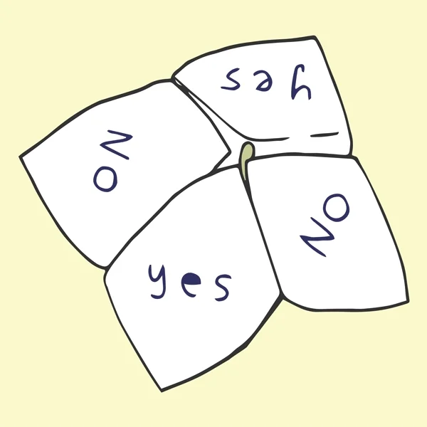 A folded paper fortune teller game revealing the answers Yes, No, and Maybe