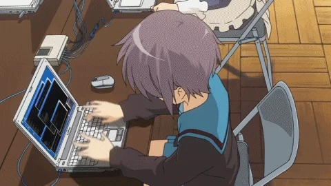 An anime character typing quickly on a computer.