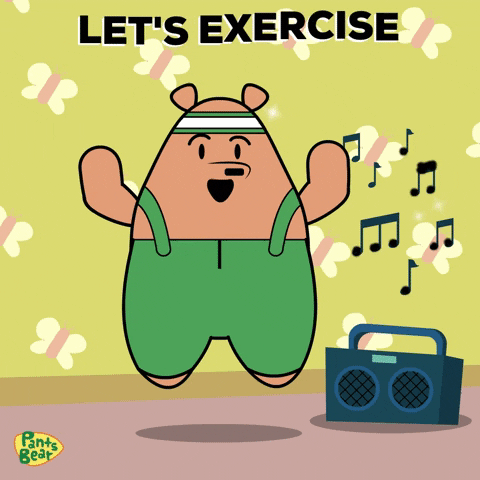 A cartoon character saying, 'Let's exercise!'