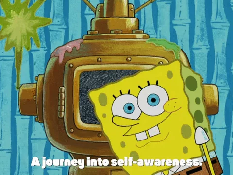 A cartoon sponge (SpongeBob) is standing in front of an underwater television and says, 'A journey into self-awareness' .