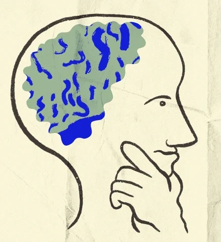 An animation depicting a person thinking. Multi-colored images of abstract shapes appear in the person's mind.