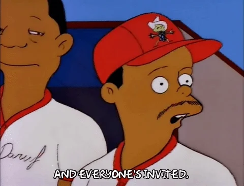 A baseball player from 'The Simpsons' says, 'And everyone's invited.'