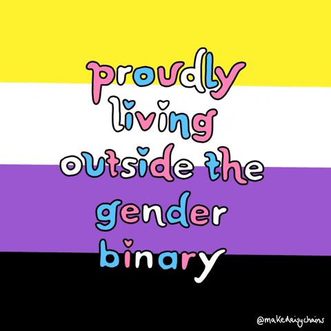 Non-binary flag - colurs from the bottom up: black, purple, white, yellow. Text : Proudly living out side gender binary