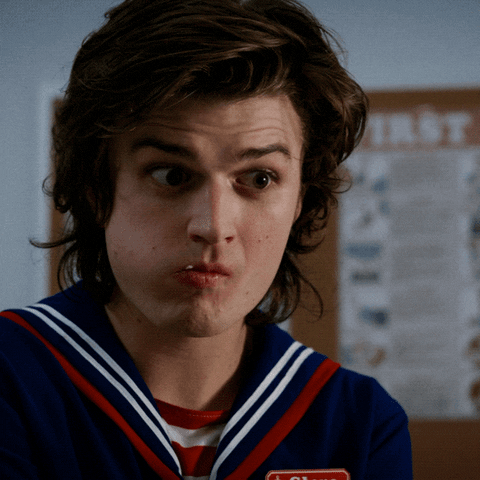Steve from Stranger Things in his Scoops Ahoy outfit saying, 