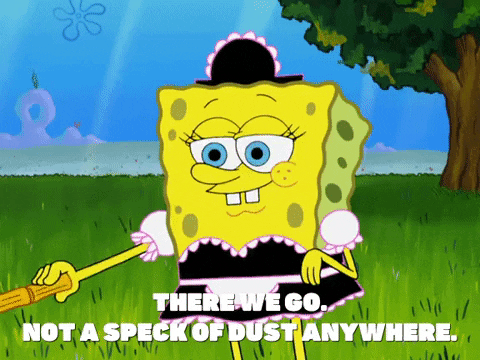 Spongebob dressed as a French maid and swiping a duster.