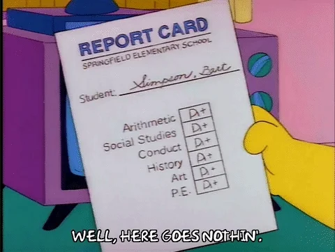 Bart Simpson holding a report card that reads 