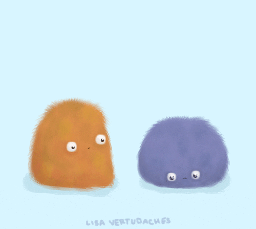 Two fuzzy animated characters sit side by side. One looks sad, the other scoots over to hug the sad one.