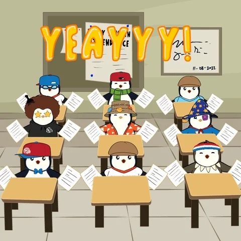 Penguins sitting on classroom tables throw papers up in the air and shout 'Yeayyy!'