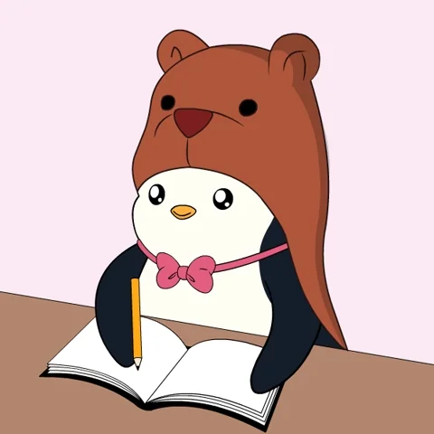 An animation of a penguin wearing a brown bear hat and pink bow, writing in an open notebook.