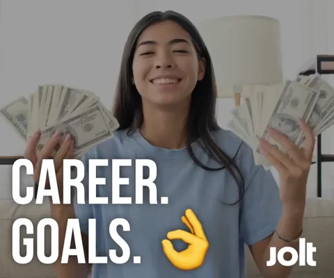 A young woman waves two piles of cash. The text reads: 