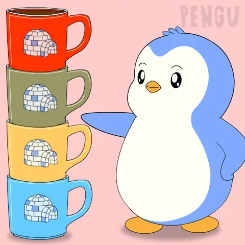 A penguin pointing to a stack of mugs colored red, green, yellow, and blue with igloos printed on each one.