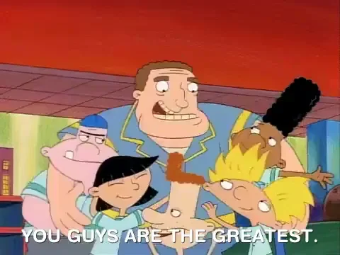 A cartoon of a man scooping five Hey Arnold kids into a group hug. The caption reads, 'You guys are the greatest.'