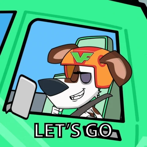 A cartoon dog in a race car says, 