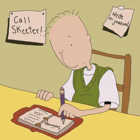 A cartoon character reflecting and writing in a journal.