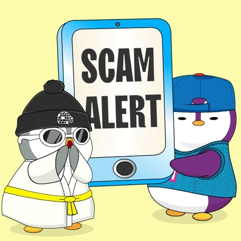 Two penguins holding a phone that says "SCAM ALERT" in flashing text.