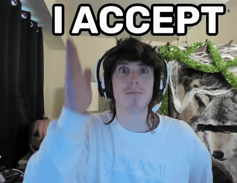 A man extends his hand for a handshake. The text reads: "I accept."