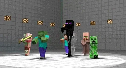 A group of Minecraft figures making dance moves.