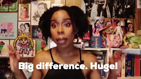 Girl showing exagerated emotions, text onscreen 