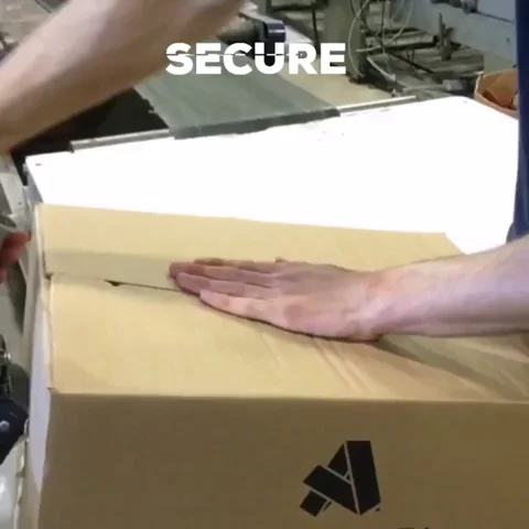 A person using a packing tape dispenser to seal a box. The text reads, 