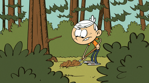 A cartoon character digs a hole in the woods